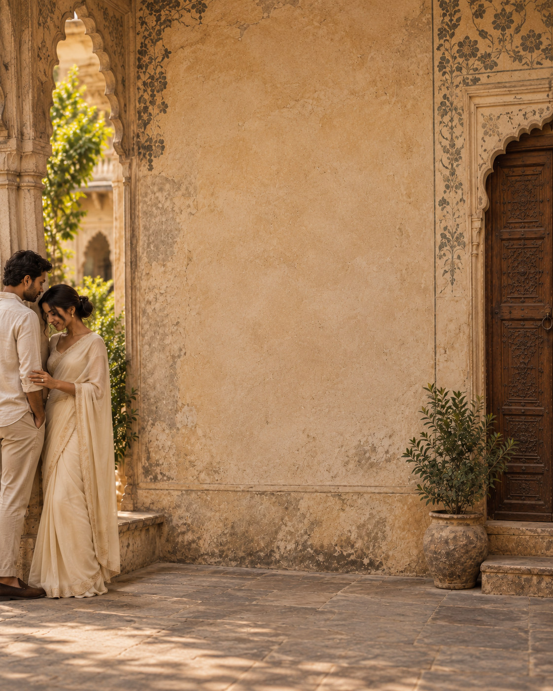 A lime-washed haveli courtyard in open shade, a couple at the edge of the frame