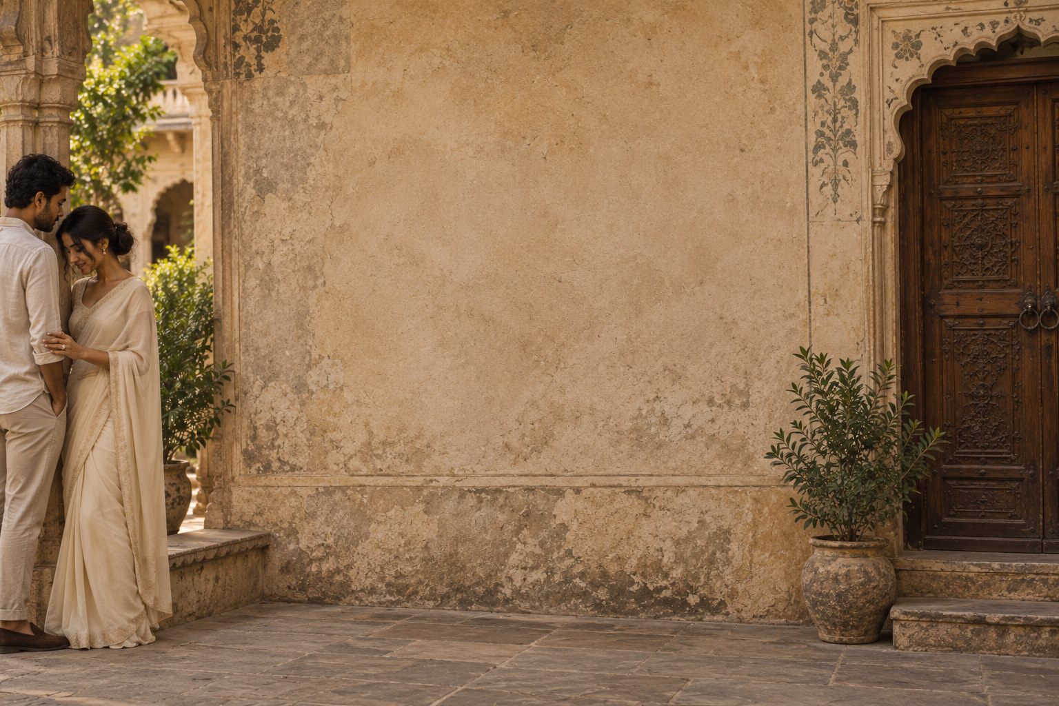 A lime-washed haveli courtyard wall in open shade; at the far left edge a couple stand close, one hand resting on the other, a single solitaire catching the light