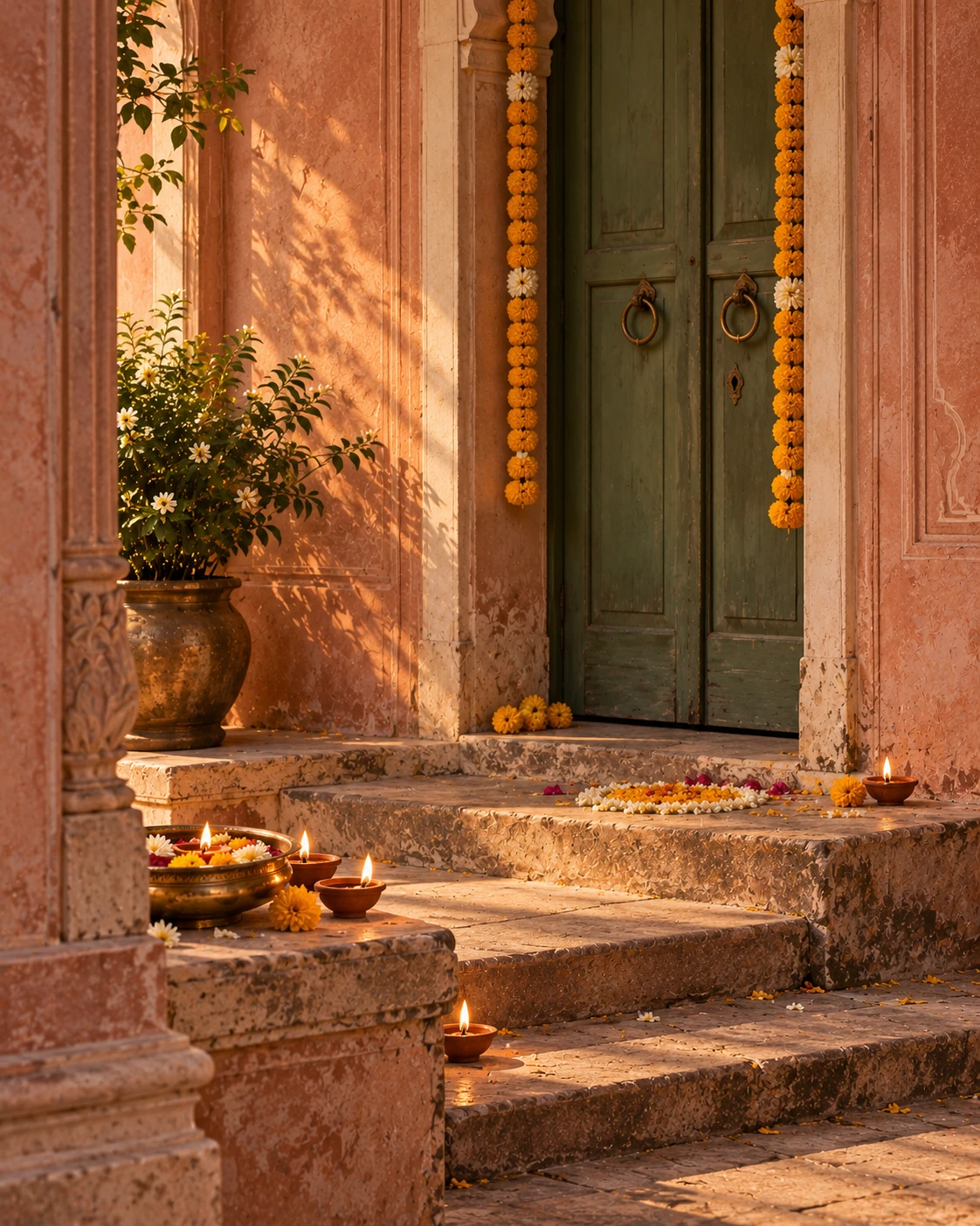 A rose-plaster courtyard dressed for Diwali with glowing diyas and marigolds