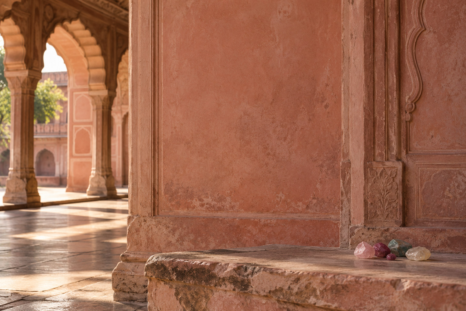 A pink sandstone arcade corner in old Jaipur in soft daylight, a few uncut stones resting on a worn stone ledge