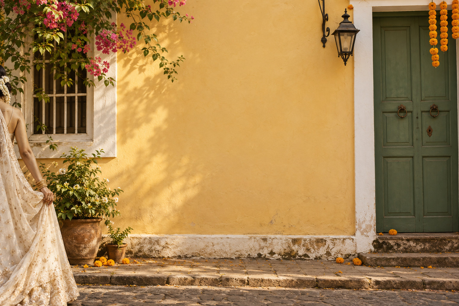 A pale yellow plaster house in Fontainhas, Goa, with a closed green door and a few marigolds on the step; the quiet morning after a celebration, a bride's sleeve just inside one edge