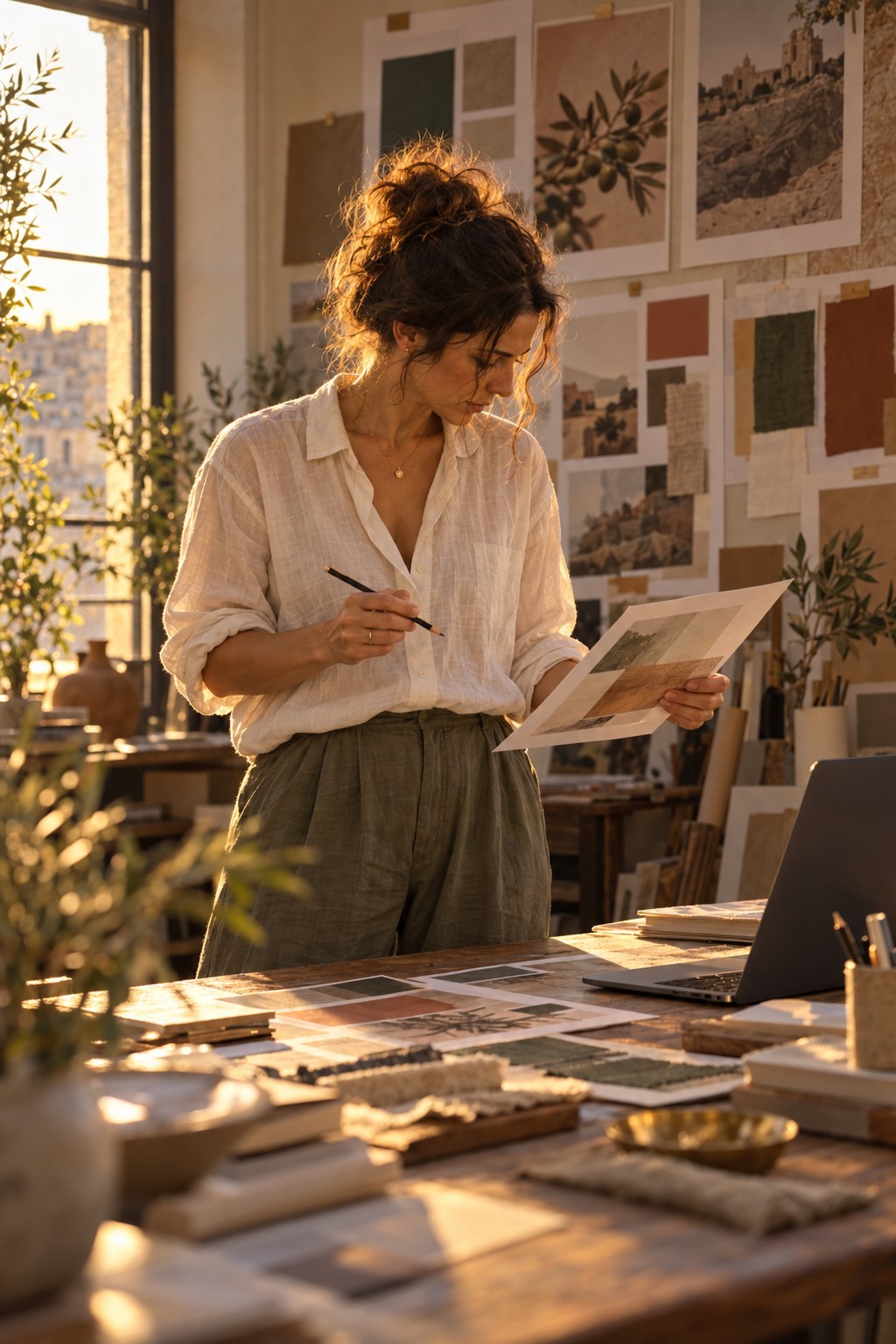 Reviewing a printed proof in her marketing studio, a wall of layouts and swatches behind her