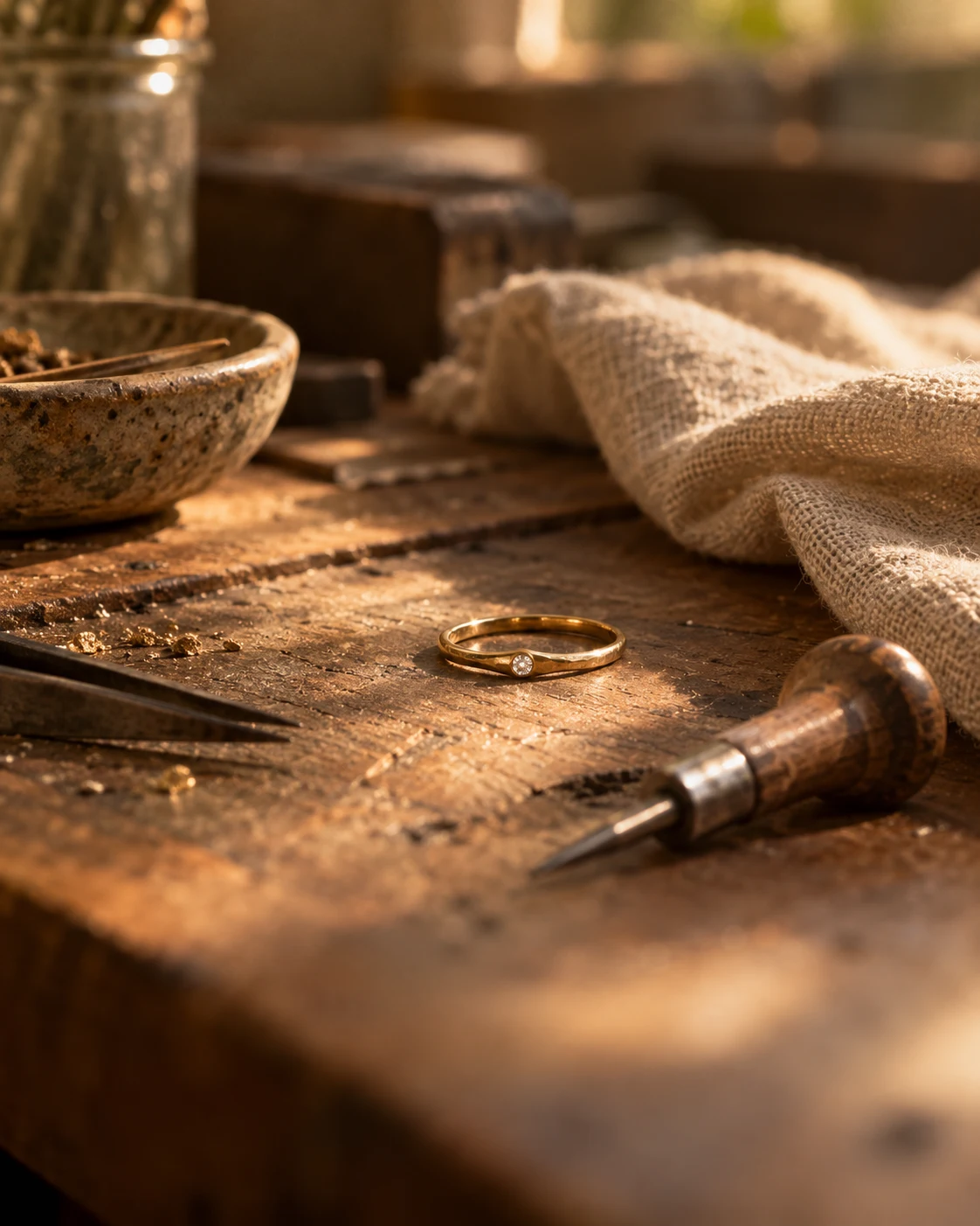 A small diamond ring and worn jewellery tools rest on a wooden bench.