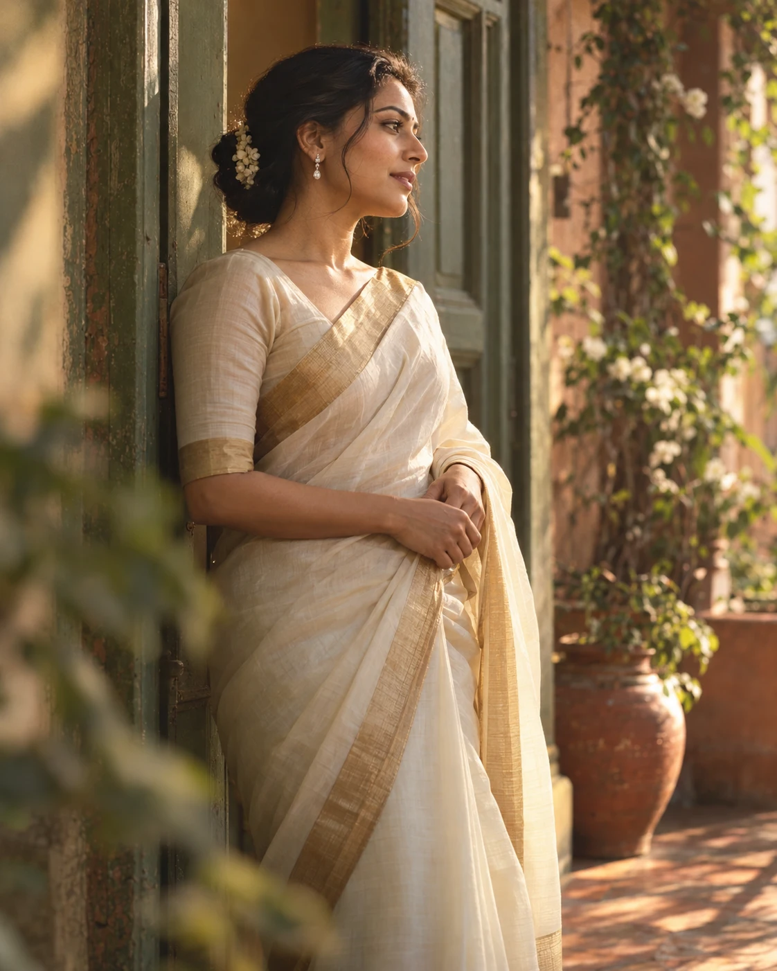 A bride in an ivory sari stands by an olive doorway wearing small diamond drops.