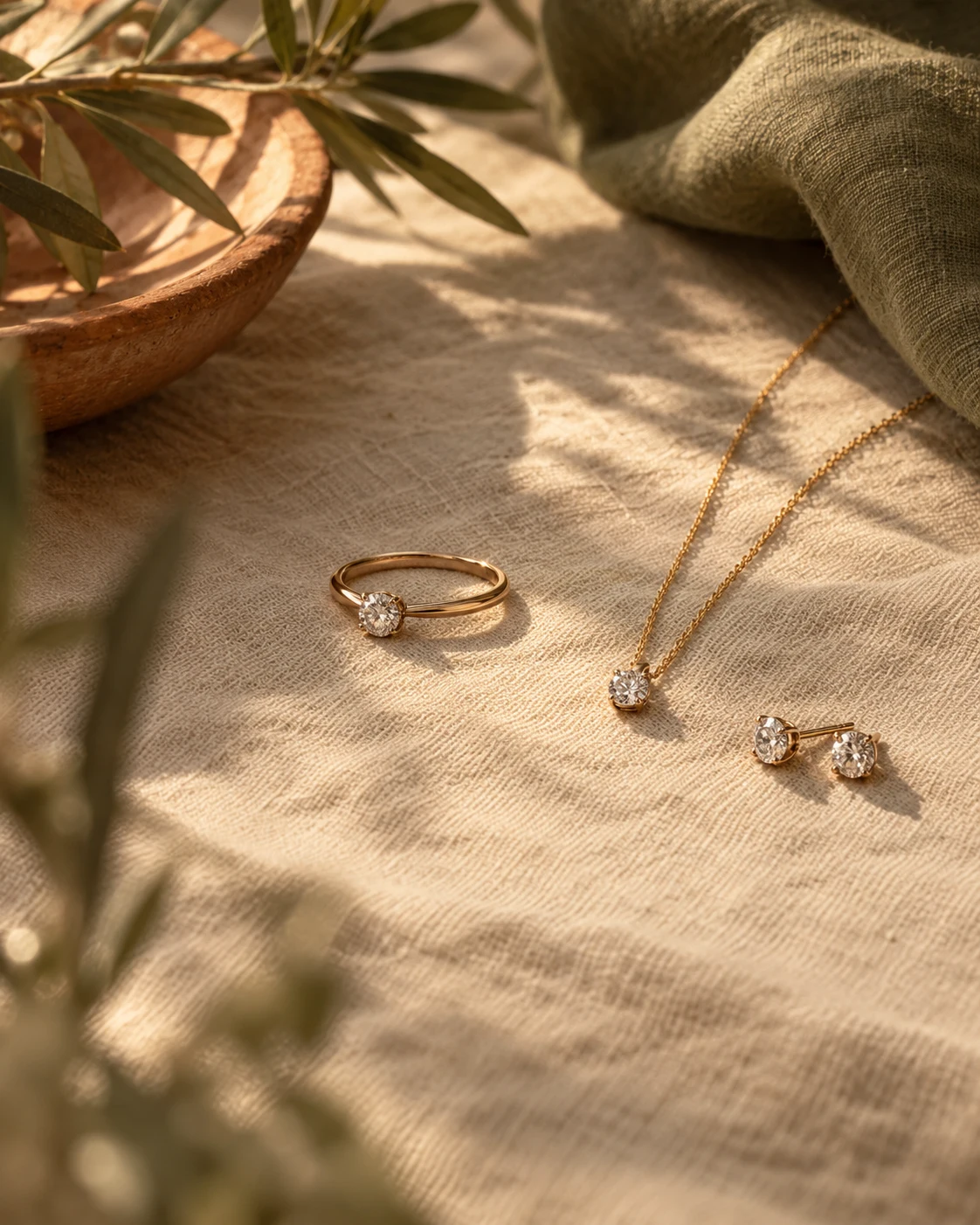 A ring, a pendant and small studs are arranged on pale linen.