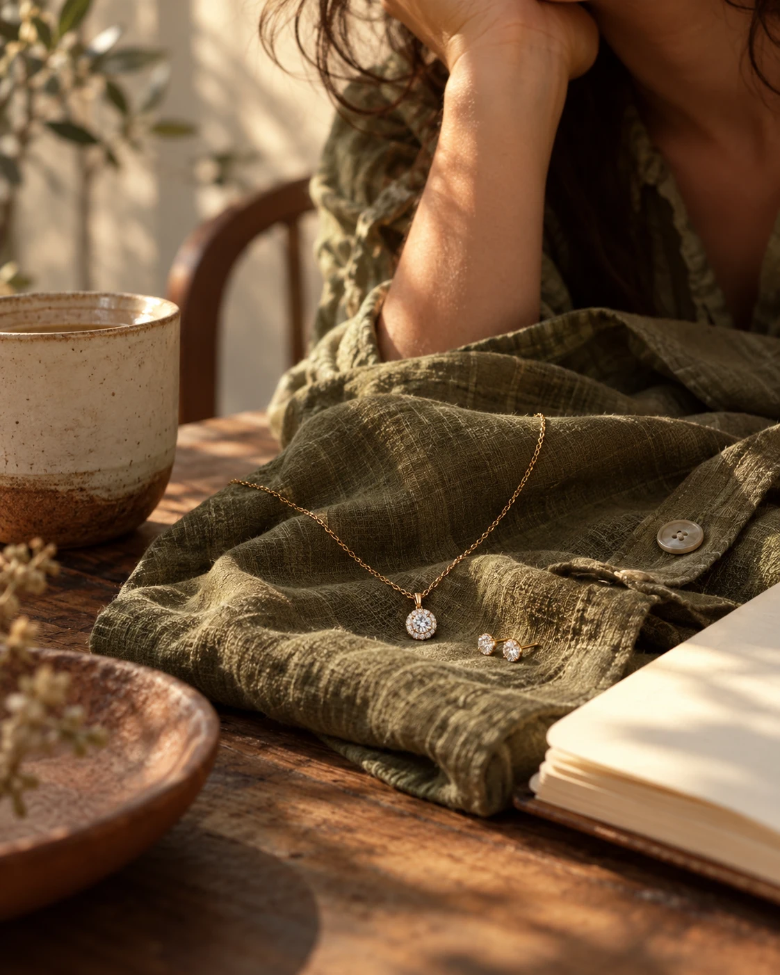 A pendant and small studs rest on olive linen beside a ceramic cup.