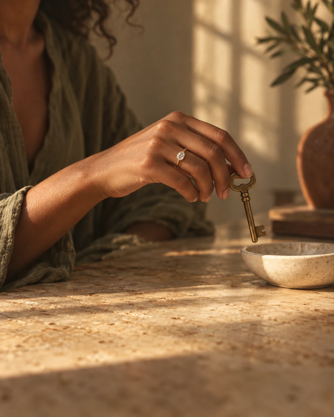 A hand wearing a solitaire holds a brass key above a travertine table.