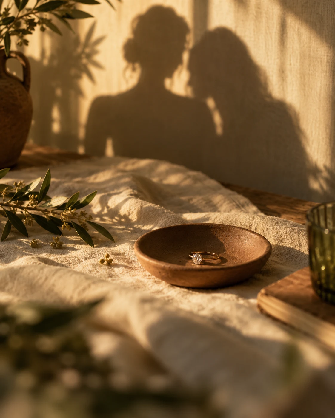 Overlapping shadows cross a warm wall above a ring resting in a shallow wooden dish.