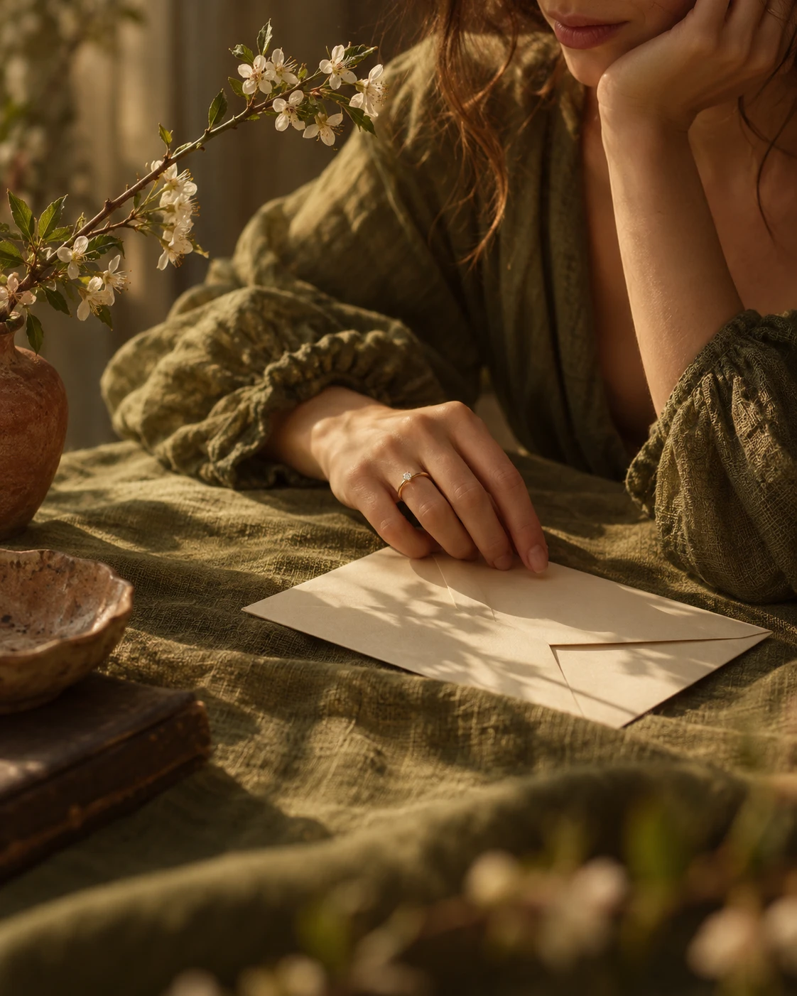 A hand wearing a fine ring rests beside a cream envelope on olive linen.