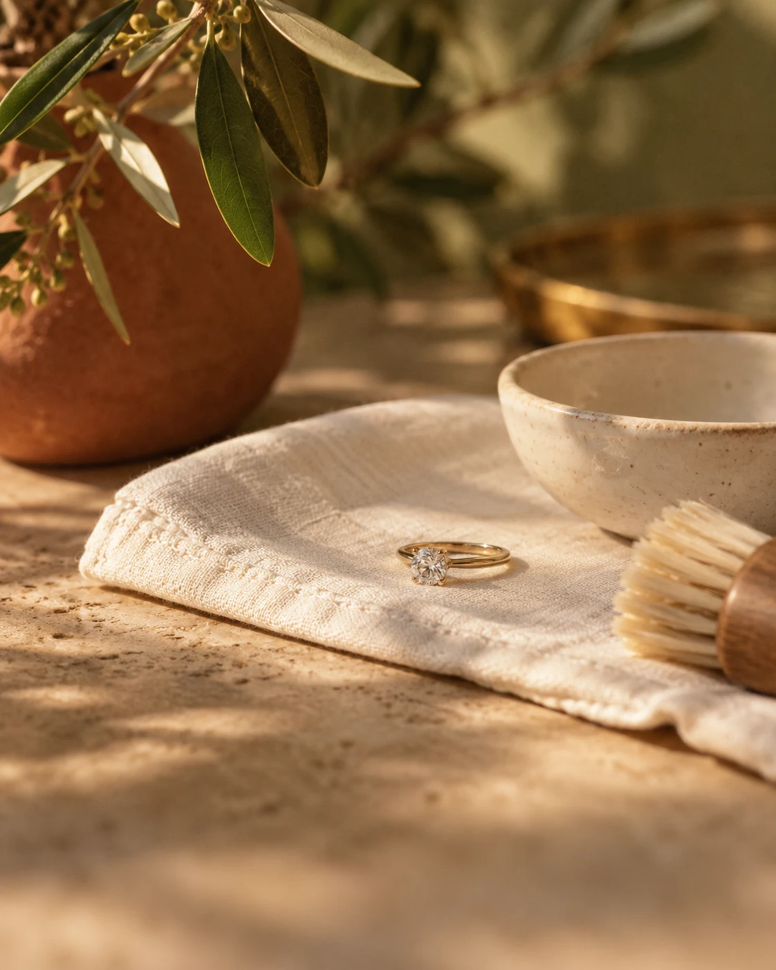 A diamond ring rests beside a soft brush, a ceramic bowl and a clean cloth.