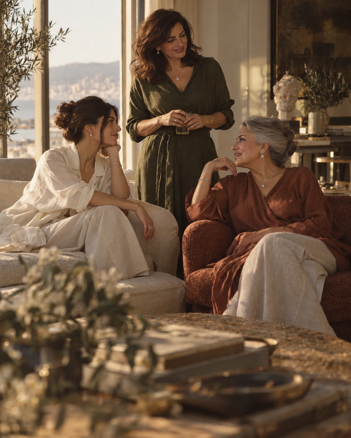Three generations of women talk together in a warm contemporary apartment.