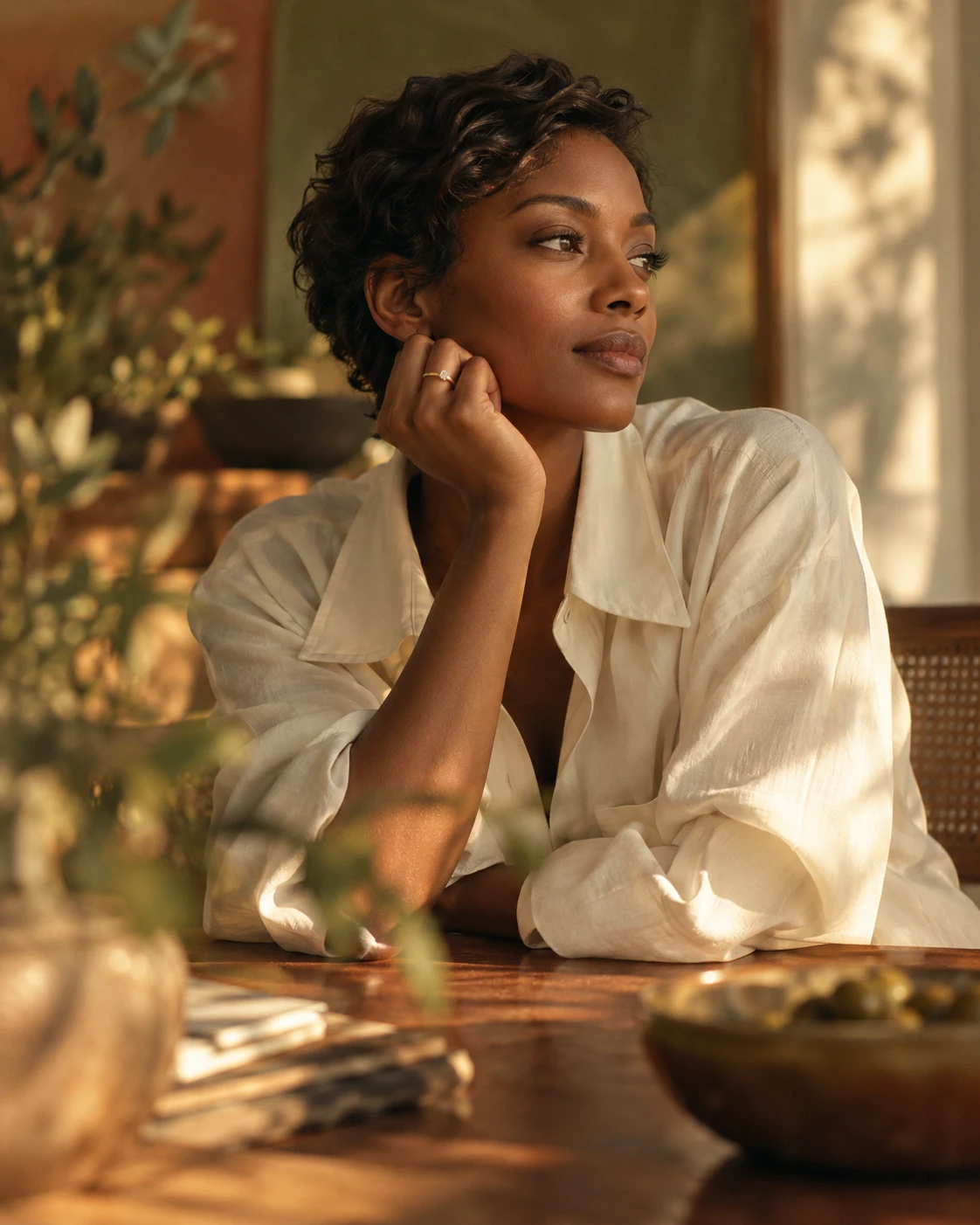 A woman in an ivory shirt pauses beside a sunlit desk, a small solitaire on her hand.