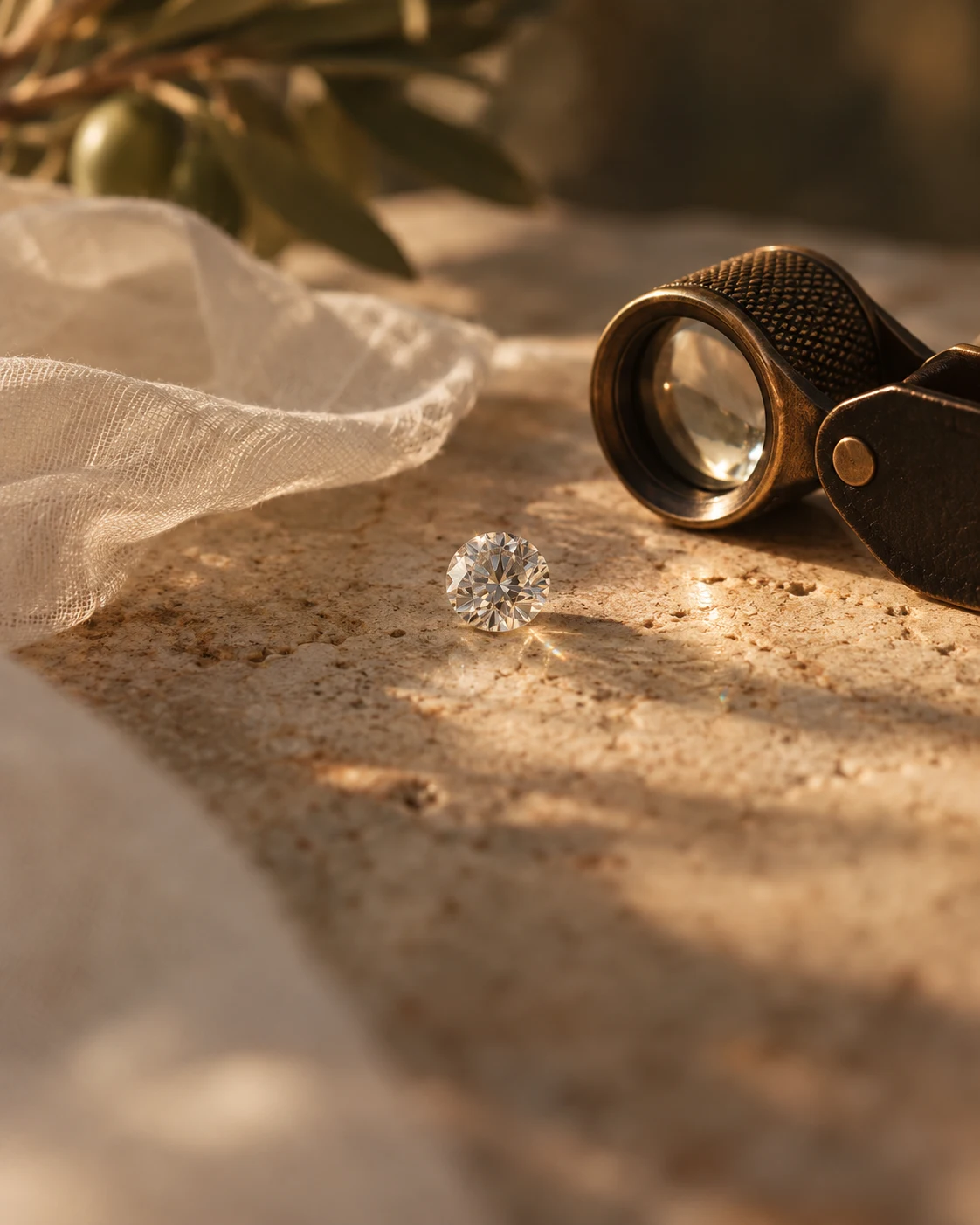 A loose diamond and a jewellers loupe on warm limestone.