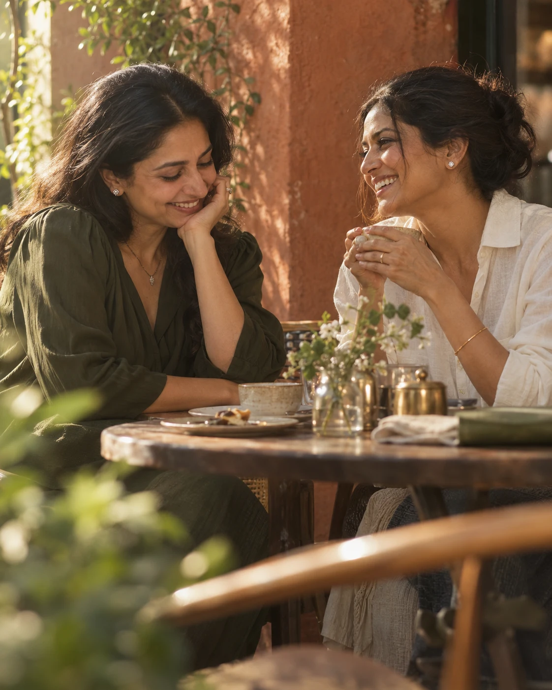 Two friends share a quiet laugh at a small cafe table.