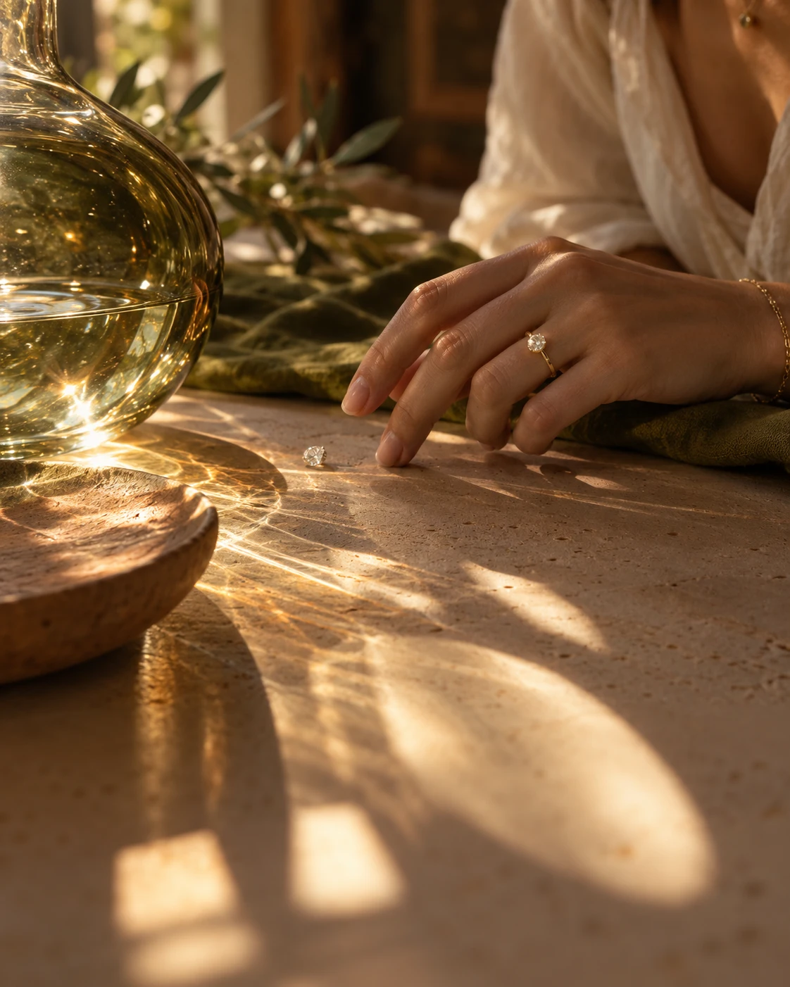 Curved glass casts round, oval and rectangular pools of light beside a diamond.