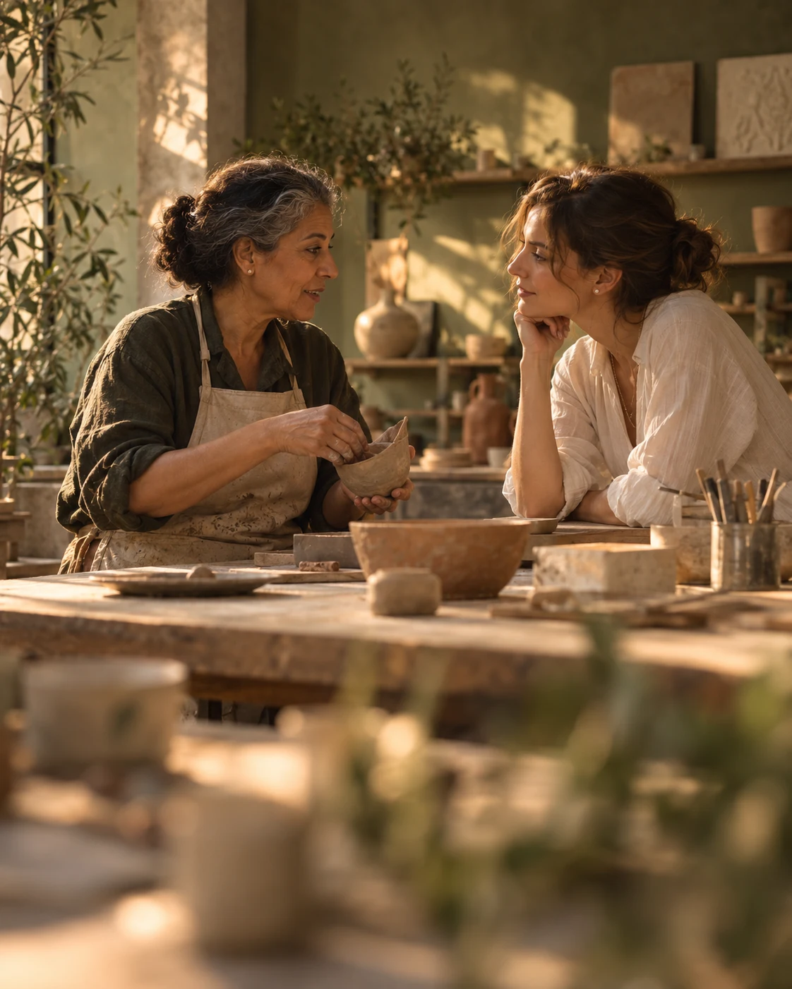 Two women exchange an idea in a studio filled with warm light.