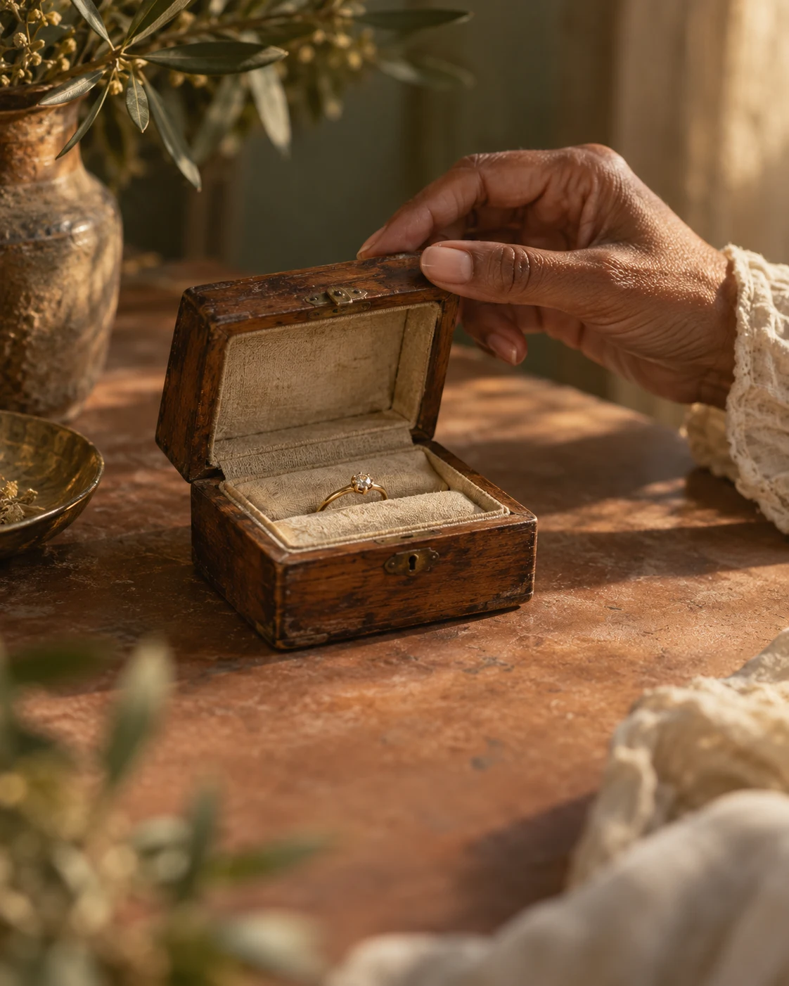 An older gold ring rests inside a linen lined wooden jewellery box.