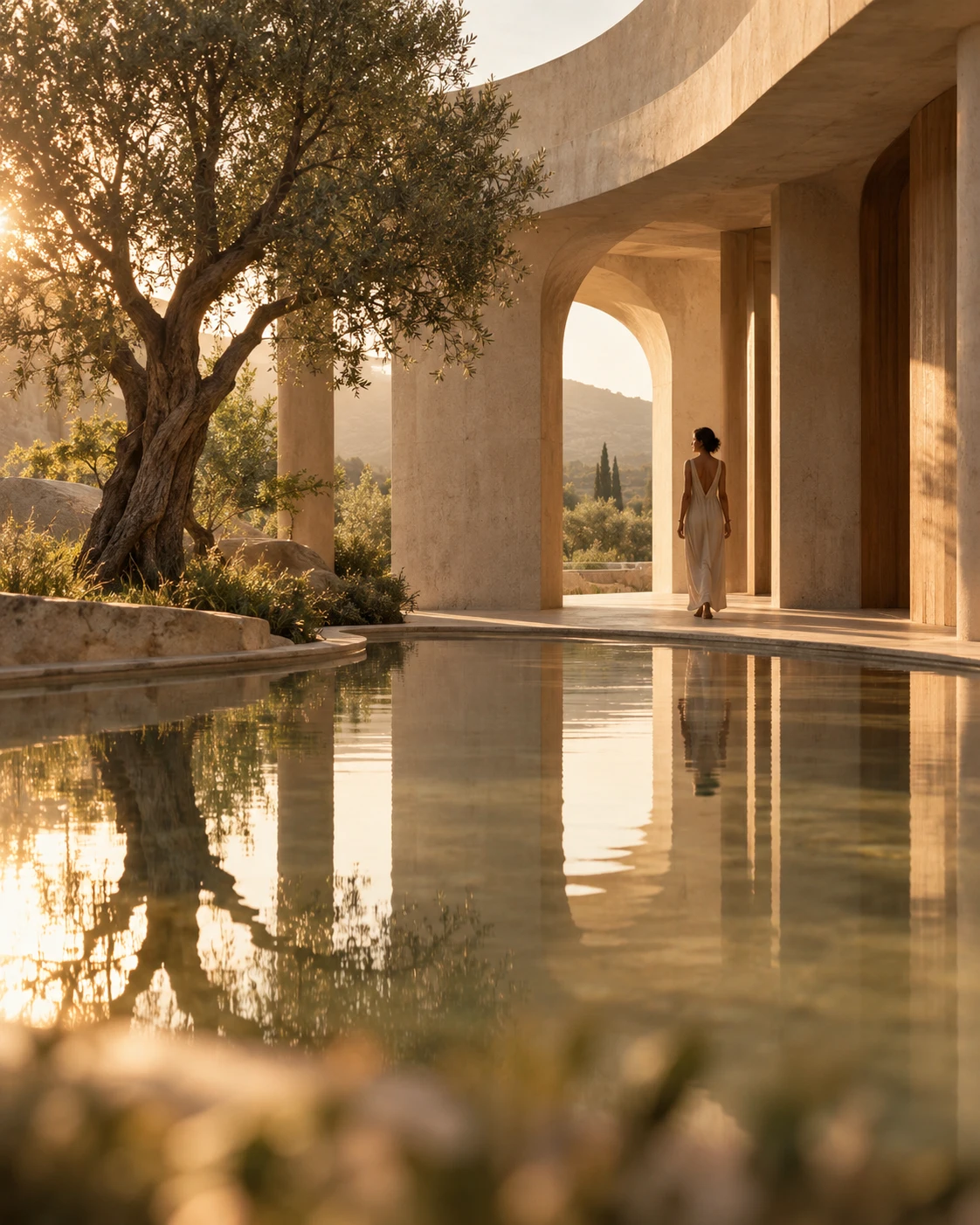 Sunlit architectural curves, an olive tree and reflections in a quiet pool.