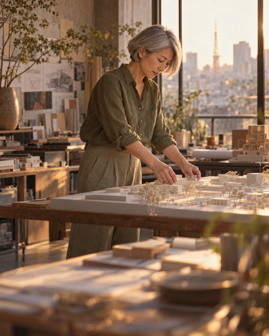 An architect considers a paper model at a warm wooden worktable.