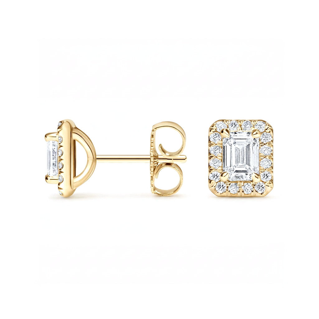 Emerald cut halo stud earrings