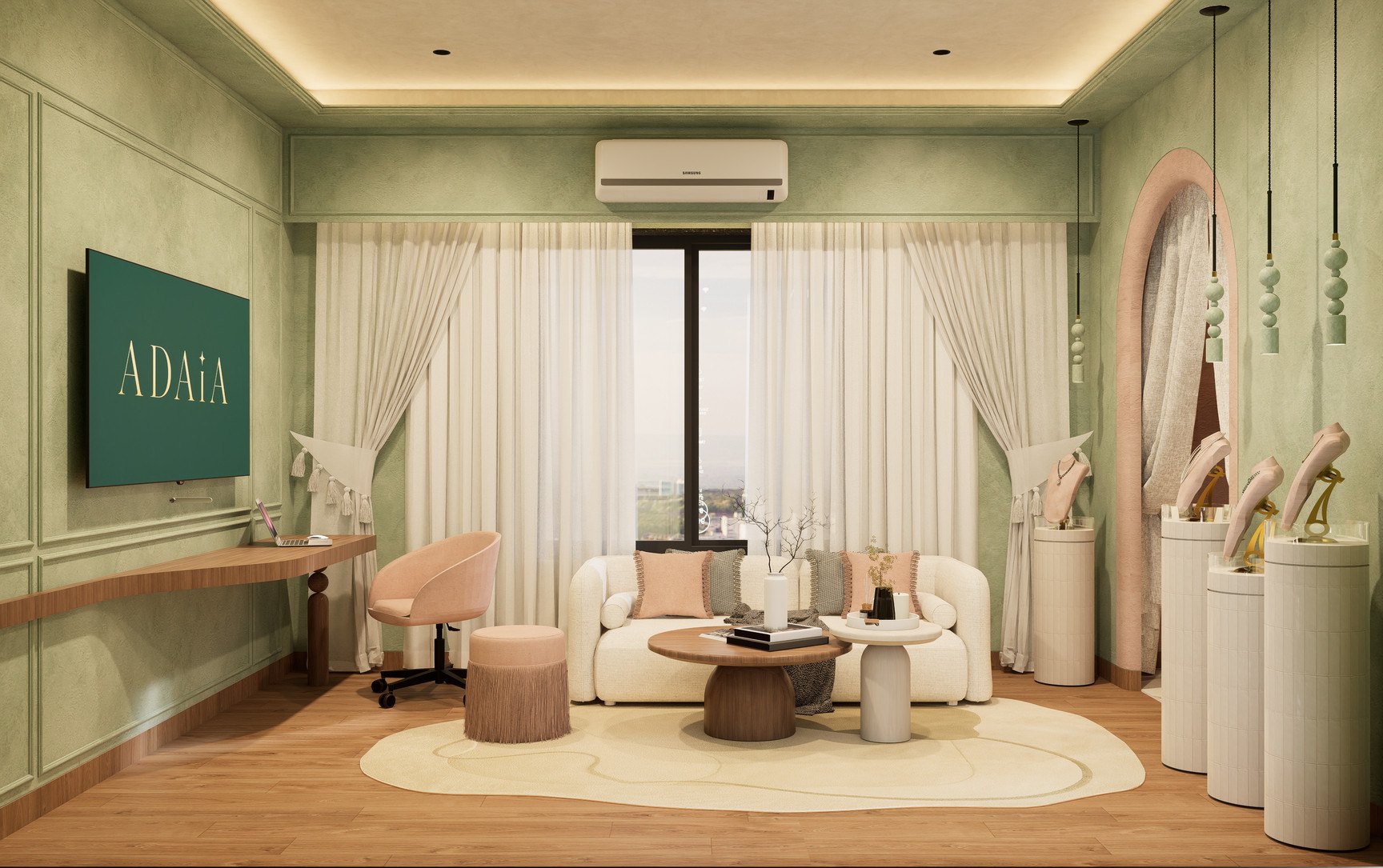 The bridal room: green walls, sheer curtains at the window, a pale sofa and blush chairs