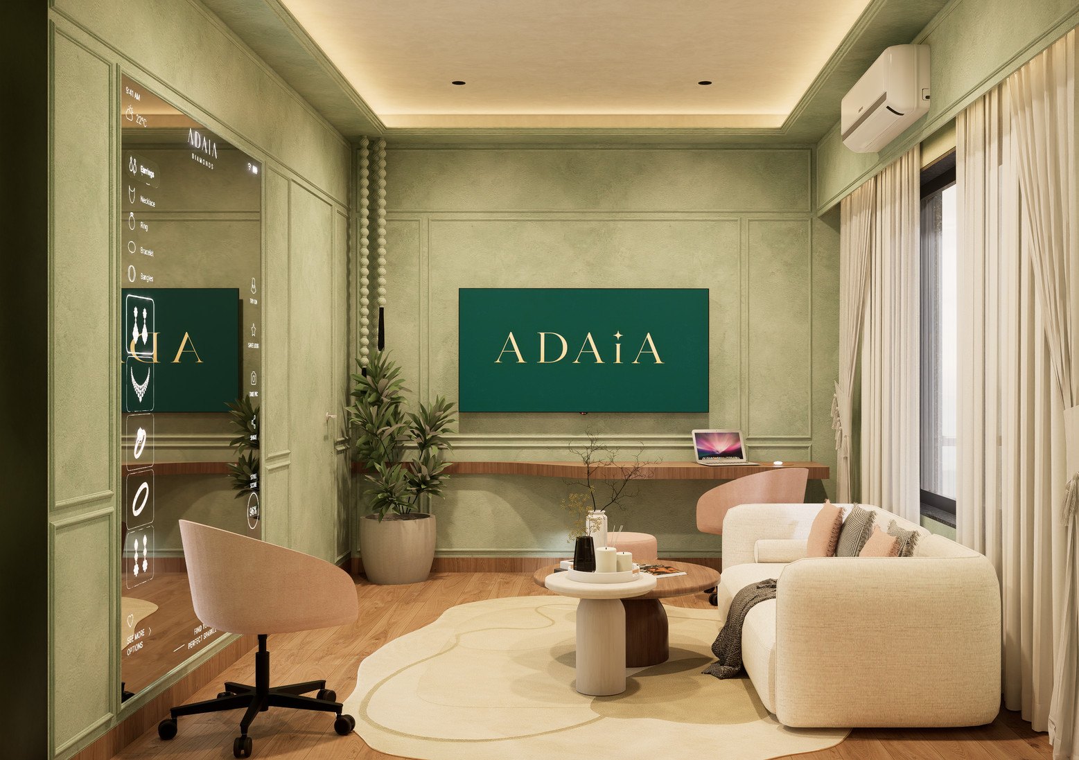 The mirror wall of the bridal room, the Adaia name on a green panel beside it