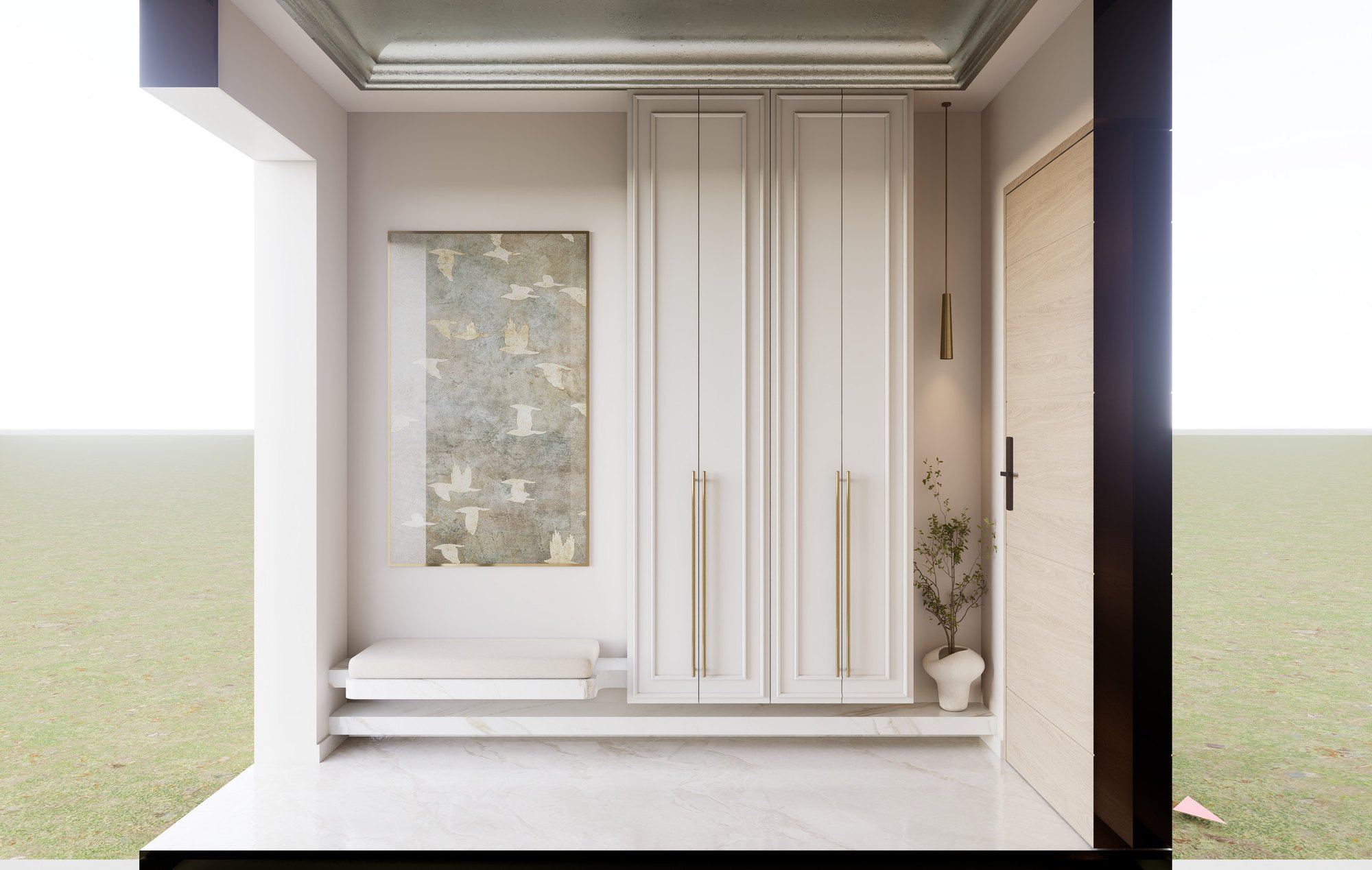 The entrance of the House of Adaia on the ground floor: a cream vestibule with a marble bench, a framed panel of birds, tall panelled cabinets with brass pulls and a pale timber door