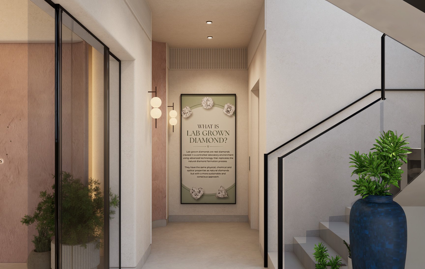 The foyer passage on the ground floor: a framed panel at the end of the passage, wall lights, and the stair rising on the right