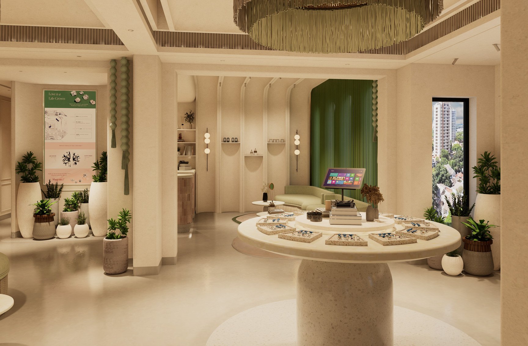 The round display table on the first floor, trays of pieces laid around its centre