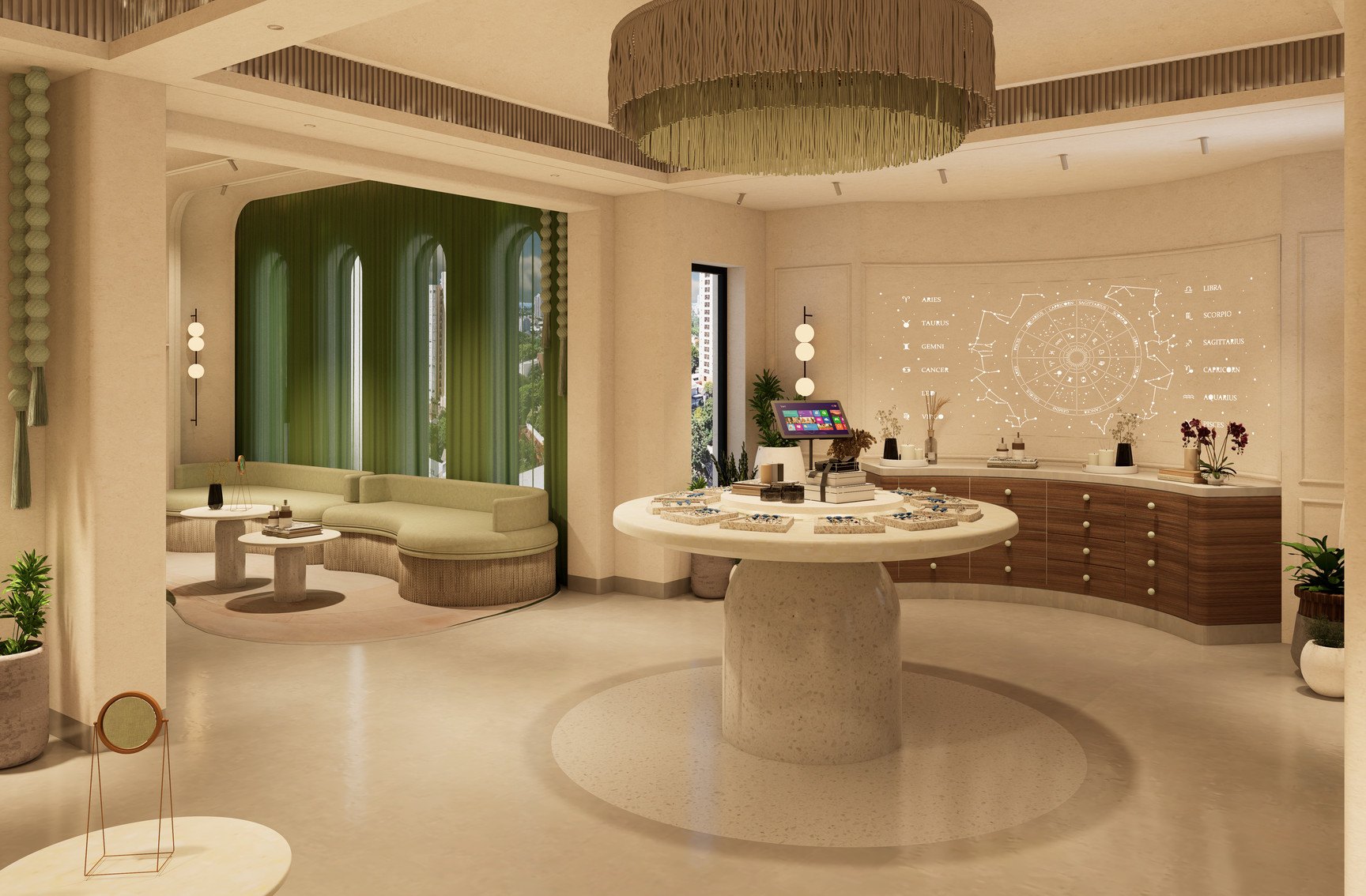 The green arches of the store, the lounge seating in front of them