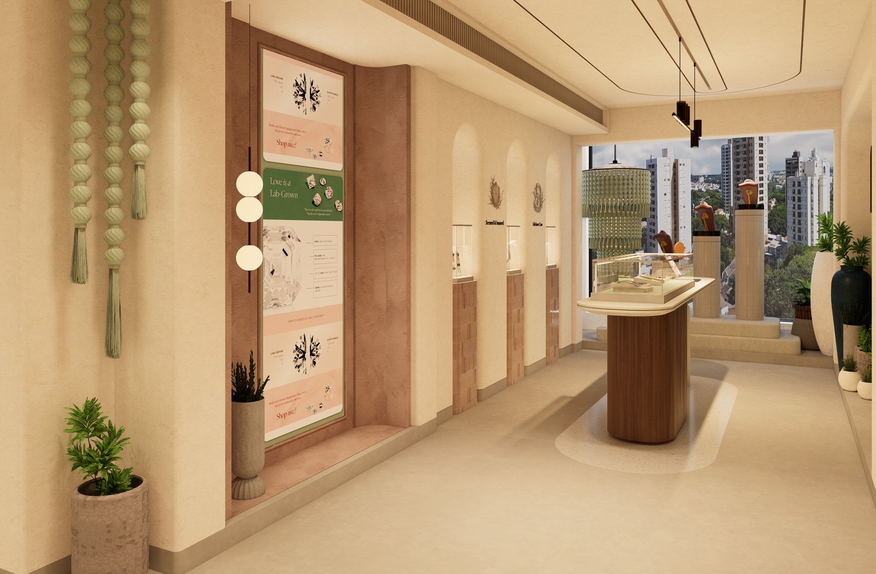 The arch of the store and the hanging tassels beside it, a wall of displays and a window onto the city at the end